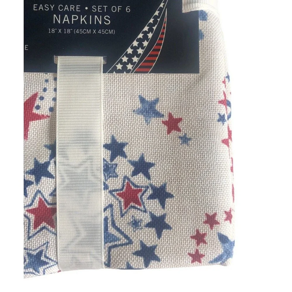 Nautica July 4th Fabric Cloth Napkins Set of 6 White with Red Blue Stars 18x18